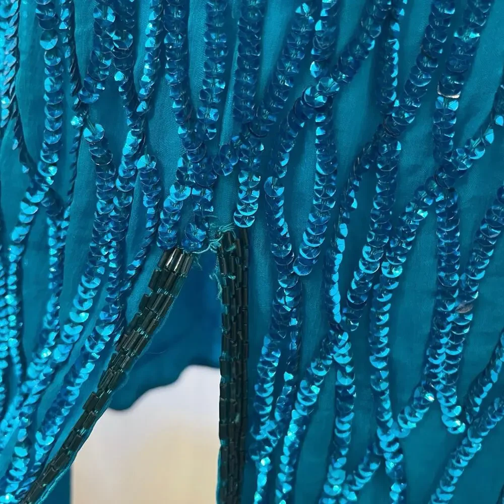 Vintage Laurence Kazar Sequin Sheath Dress L Silk Blue Beaded Party Costume 80s - Picture 14 of 16